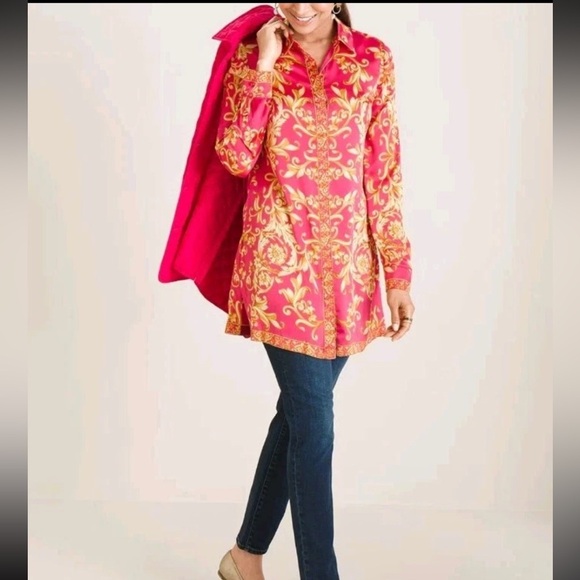 Chico's Women's Boho Ornate Scroll-Print Long Sleeve Tunic Sz Small Pink Gold - Picture 6 of 14